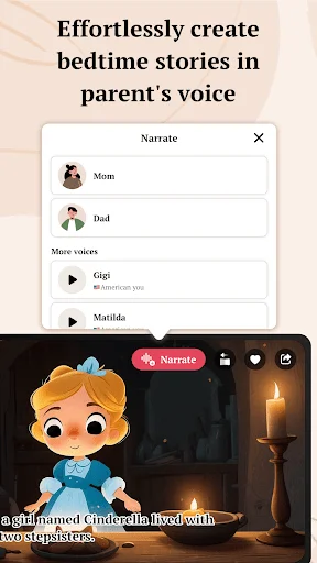 Effortlessly create bedtime stories in parent's voice: Voice narration selection dialog showing Mom, Dad, Gigi, and Matilda voice options for storytelling