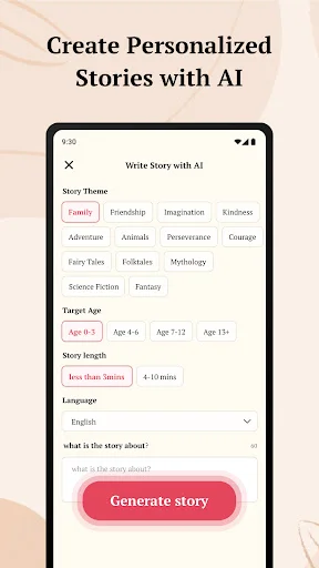Create personalized stories with AI: Story creation form with theme categories, target age selection, story length options, and language preference