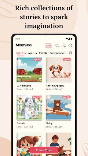 Rich story collections for children: Story library displaying categorized bedtime stories filtered by age range, themes, and readiness level with Create Voice button