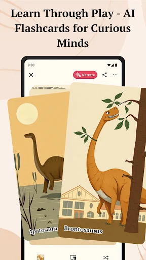 Learn through play AI flashcards for curious minds: Interactive dinosaur flashcard learning game displaying Apatosaurus and Brachiosaurus educational content