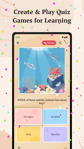 Create and play quiz games for learning: Marine animal education quiz asking children to identify animals by characteristics with multiple choice answers