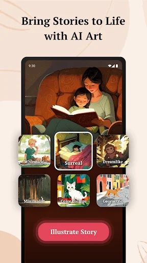 Bring stories to life with AI art: Illustration gallery showing various story scene examples with 'Illustrate Story' button for AI-generated visuals