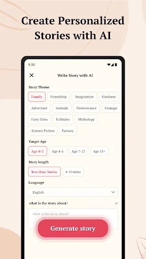 Create personalized stories with AI: Story creation form with theme categories, target age selection, story length options, and language preference