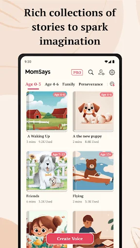 Rich story collections for children: Story library displaying categorized bedtime stories filtered by age range, themes, and readiness level with Create Voice button