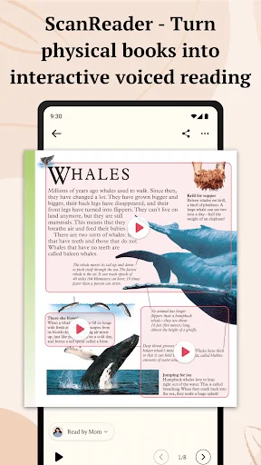 ScanReader turn physical books into interactive voiced reading: Digital scan of whale educational book with embedded play buttons for audio narration