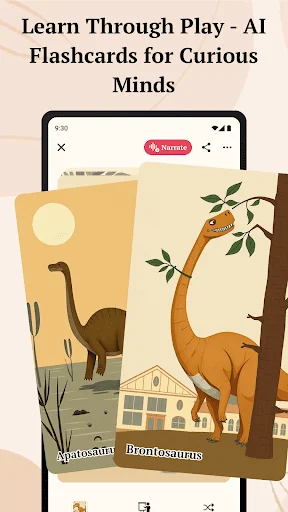 Learn through play AI flashcards for curious minds: Interactive dinosaur flashcard learning game displaying Apatosaurus and Brachiosaurus educational content