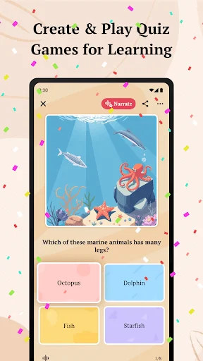 Quiz game for children learning marine animal facts: Interactive educational game displaying multiple choice question about octopus with colorful answer options