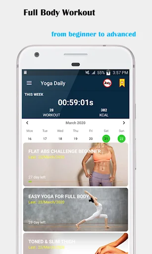 Full body yoga workout app showing timer, calendar, and workout program selection list