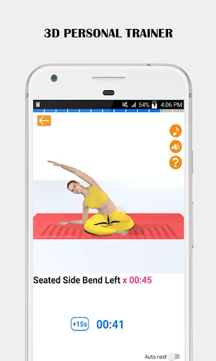 3D personal trainer showing seated side bend yoga pose with exercise timer and instruction