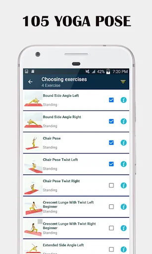 Yoga pose selection screen with 105+ exercises and ability to customize beginner routines