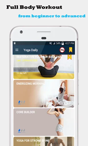 Full body yoga app main menu showing beginner to advanced workout programs and categories