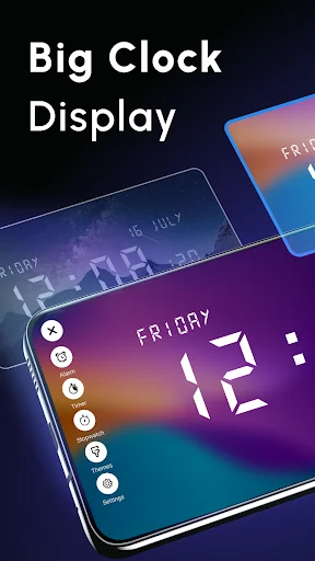 Big Clock Display: Digital app with multiple phone screens showing large digital clocks and colorful gradient themes