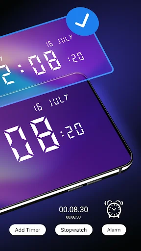 Large digital clock displaying 12:08:20 on 16 July with timer, stopwatch, and alarm feature buttons on gradient