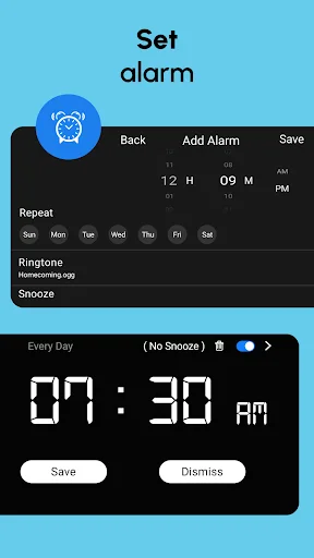 Set alarm screen with time picker, daily repeat options, ringtone selection, and snooze settings for productivity