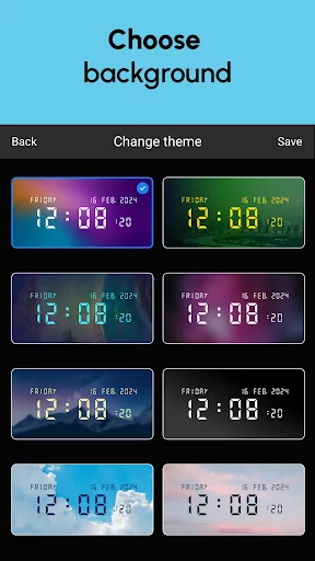 Choose background theme screen with 8 colorful gradient digital clock display options to customize your clock
