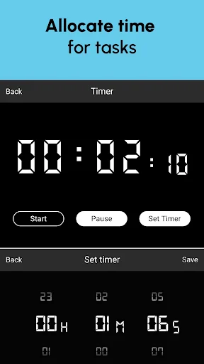 Timer feature showing 00:02:10 with start, pause, set timer controls and customizable hour, minute, second fields