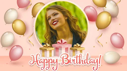 Birthday card template with custom photo, balloons, and gift graphics - personalized greeting maker