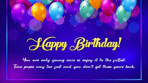 Happy Birthday card with purple theme, colorful balloons, and inspirational message quote