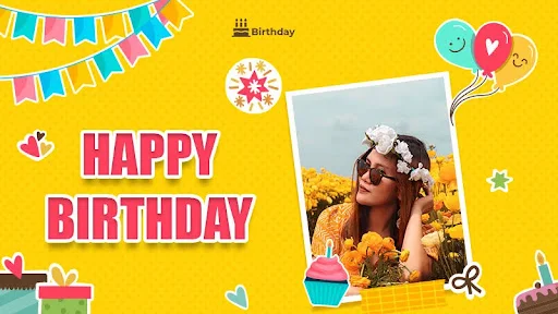 Birthday card editor with photo customization, stickers, text, and decorative elements