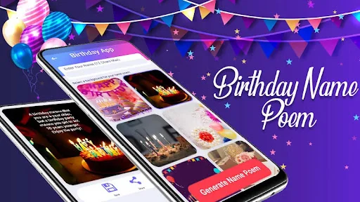Birthday card maker app interface displaying template gallery and name poem creation feature