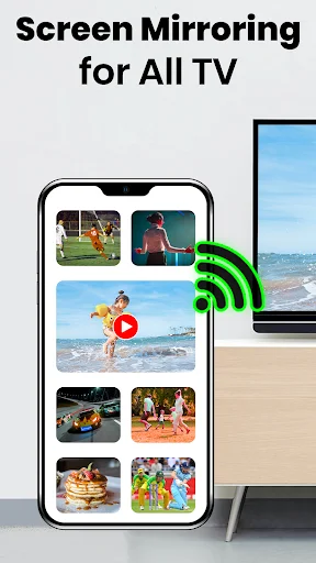 Screen Mirroring for All TV app interface showing smartphone with media content gallery and WiFi symbol ready to cast to TV