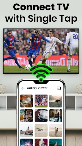 Gallery Viewer interface on smartphone with photo grid below TV displaying soccer game, one-tap WiFi connection