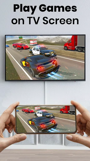 Racing game on TV screen with matching display on smartphone showing mobile gaming screen mirroring and casting feature