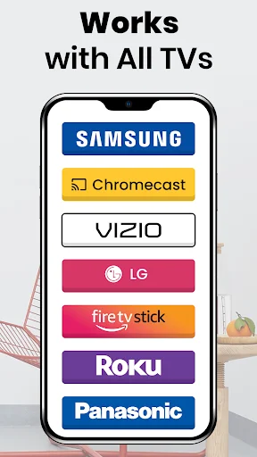 Smartphone displaying compatible TV brand logos including Samsung, Chromecast, VIZIO, LG, Fire TV, Roku, and Panasonic