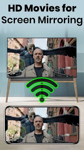HD movie displayed on TV and smartphone with WiFi symbol demonstrating high-quality video screen mirroring and casting