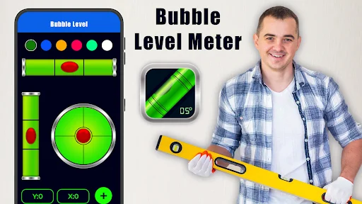 Bubble Level Meter app interface with circular spirit level display, colored measurement indicators, green horizontal and vertical bubble guides, and measurement buttons below the green bubble level display