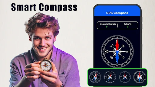 GPS Compass feature in Bubble Level app showing compass rose with cardinal directions, magnetic strength indicator, and multiple compass style options at the bottom of the screen