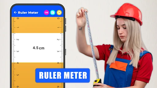 Ruler Meter feature displaying measurement of 4.5 cm with yellow and white graduated ruler interface and measurement scale markings on the smartphone screen