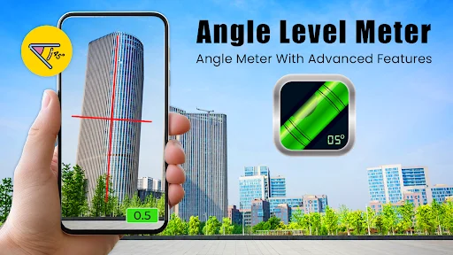 Angle Level Meter feature measuring building incline at 0.5 degrees using smartphone angle measurement tool with real-world construction application demonstration