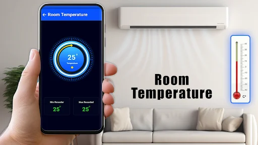 Room Temperature feature showing 25 degrees Celsius on smartphone with circular temperature gauge interface next to actual room thermometer and air conditioning unit