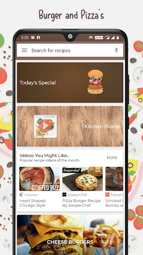 App home screen with recipe search bar, today's special burger feature, kitchen stories section, and popular recipe cards