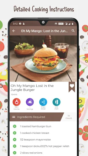 Burger recipe page showing detailed cooking instructions, ingredients list, calories, servings, share option, and unit converter