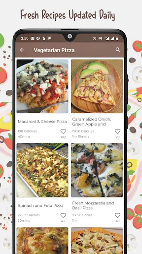 Vegetarian pizza recipe search results displaying recipe cards with images, calorie counts, and heart bookmark icons