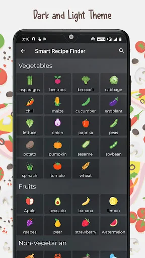 Smart Recipe Finder with dark theme showing selectable vegetables, fruits, and non-vegetarian ingredient categories