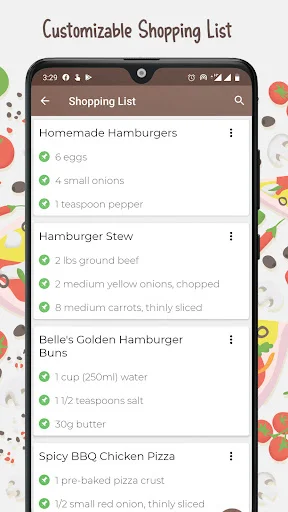Shopping list feature organizing recipe ingredients by dish with checkmarks to track and manage grocery items