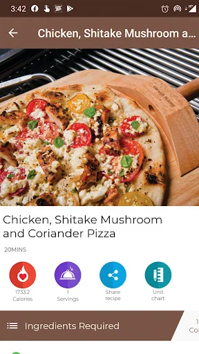 Chicken Mushroom Pizza recipe displaying food image, 20-minute cooking time, calories, servings, share, and ingredients