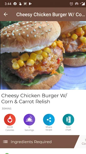 Cheesy Chicken Burger recipe with food image, 20-minute cooking time, calories, servings, share, and ingredients section