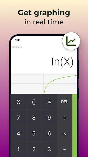 Real-time graphing calculator showing natural logarithm function ln(X) plotted on coordinate grid with scientific keypad below