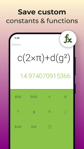 Custom constants and variables panel allowing users to save mathematical functions like c, d with equation c(2xπ)+d(g²) result