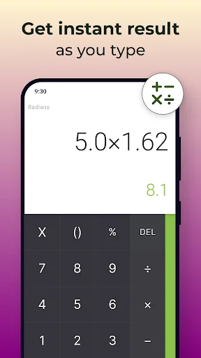 Basic calculator displaying instant calculation: 5.0 times 1.62 equals 8.1, with numeric keypad and operation buttons