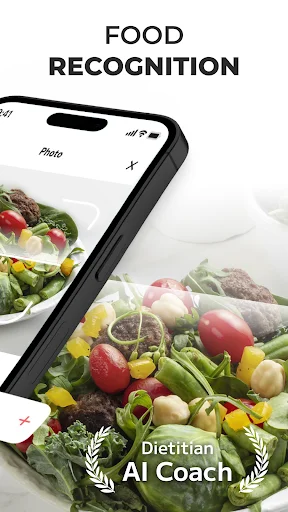 Smartphone food recognition camera interface capturing salad with AI dietitian coach helping analyze meals and track nutrients