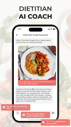 AI food assistant chat providing personalized meal feedback, calorie counts, nutritional advice for healthy eating and diet planning