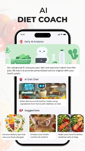 AI diet coach showing daily analysis, personalized meal suggestions, nutritional content analysis and healthier recipe recommendations