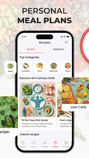 Personal meal planning interface with recipe categories, AI-generated healthy meals, and customizable diet options like low-carb plans