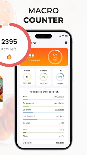 Detailed macro counter displaying daily calorie balance, macronutrient percentages, and comprehensive nutritional breakdown of consumed food