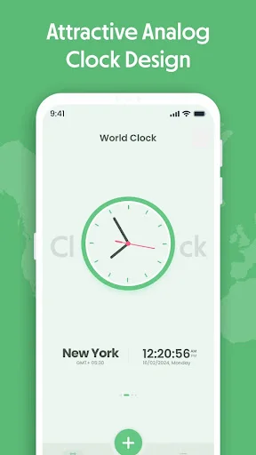 World Clock Widget app showing attractive analog clock design for New York time with green circular interface